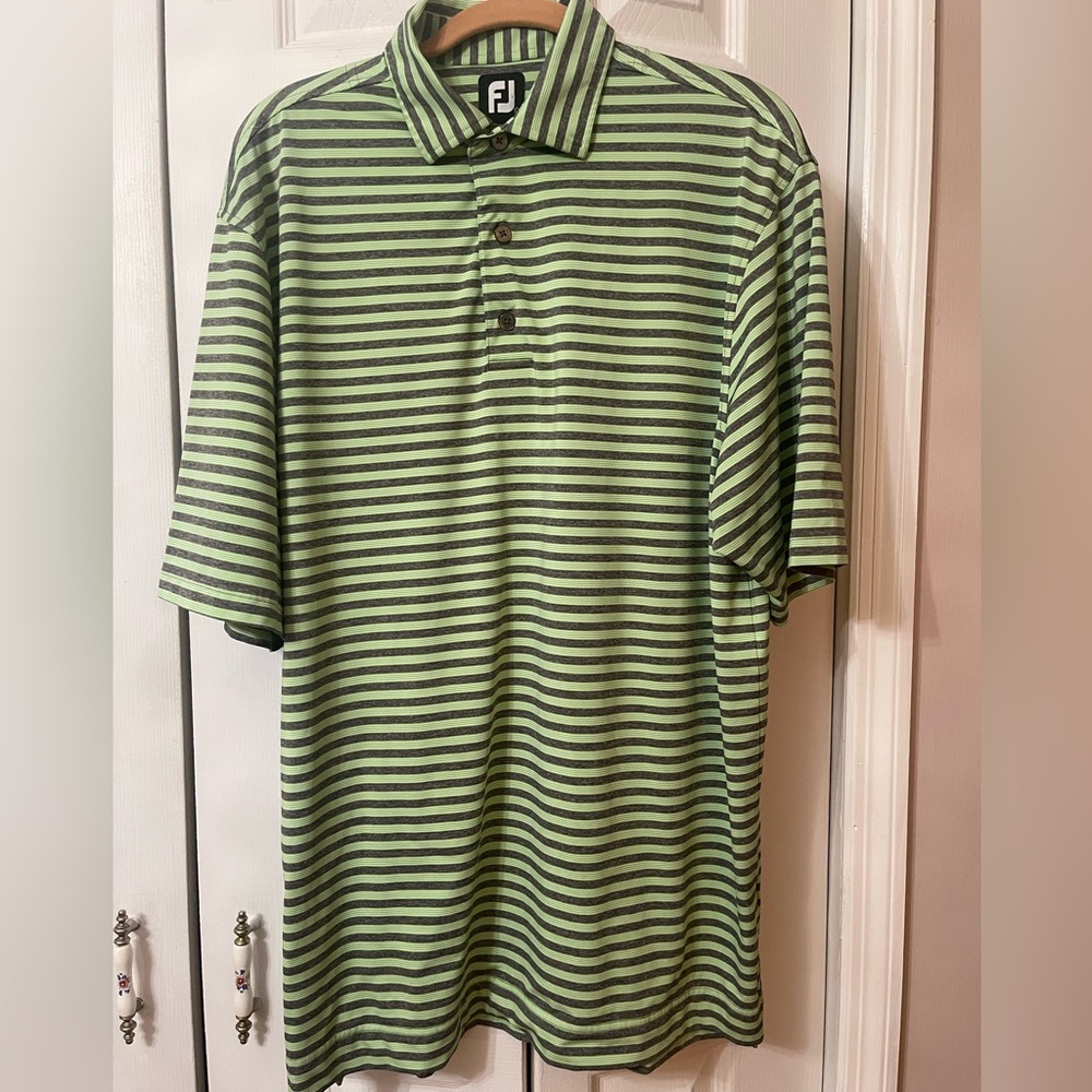 Footjoy FJ Mens Sz L Green Stripe Polo Golf Shirt Embroidered Logo EUC
